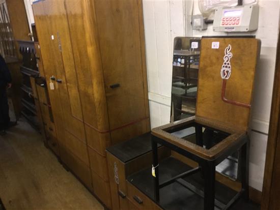 An Art Deco walnut and ebonised five piece bedroom suite, by Raleigh Furniture, wardrobe W.4ft